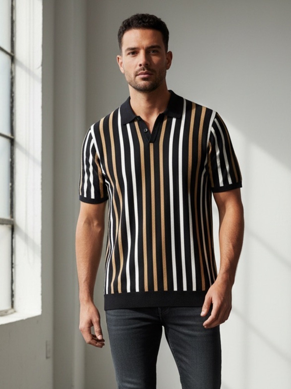 Magaschoni Man XXL Vertical Stripe Polo Shirt Cotton Wool Blend Quiet Luxury